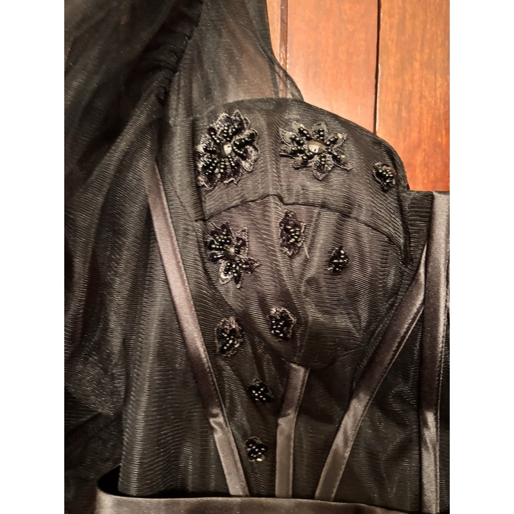 Vintage Black Tulle Ball Gown Dress Beaded Corset Lace Up Puff Sleeves Size 1O - Picture 3 of 9
